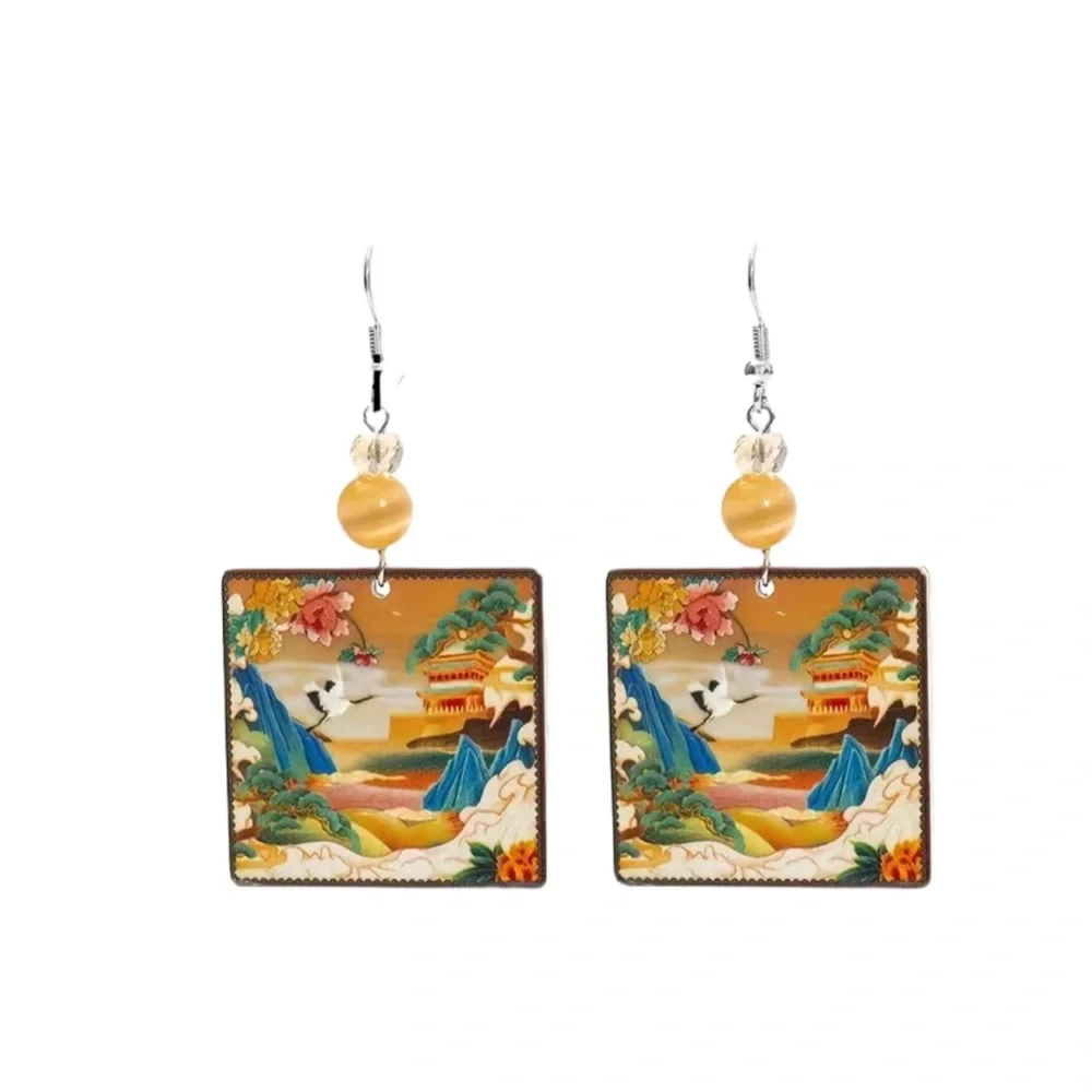 Colorful Crane Mountain Oriental Square Drop Earrings - Picture 6 of 6